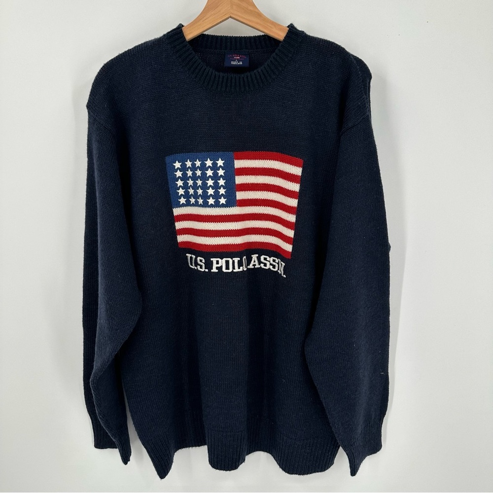 US Polo Assn Mens American USA Flag Sweater Crewneck Navy Blue Size Large